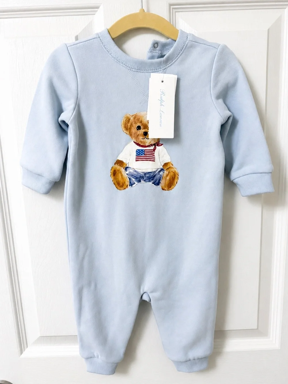 Ralph Lauren Baby Blue Teddy Bear One-Piece Romper